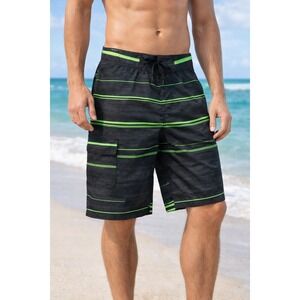 Foot Locker Board Shorts Men's 34 Black Green Striped Swim Trunks Surf Beach Lac